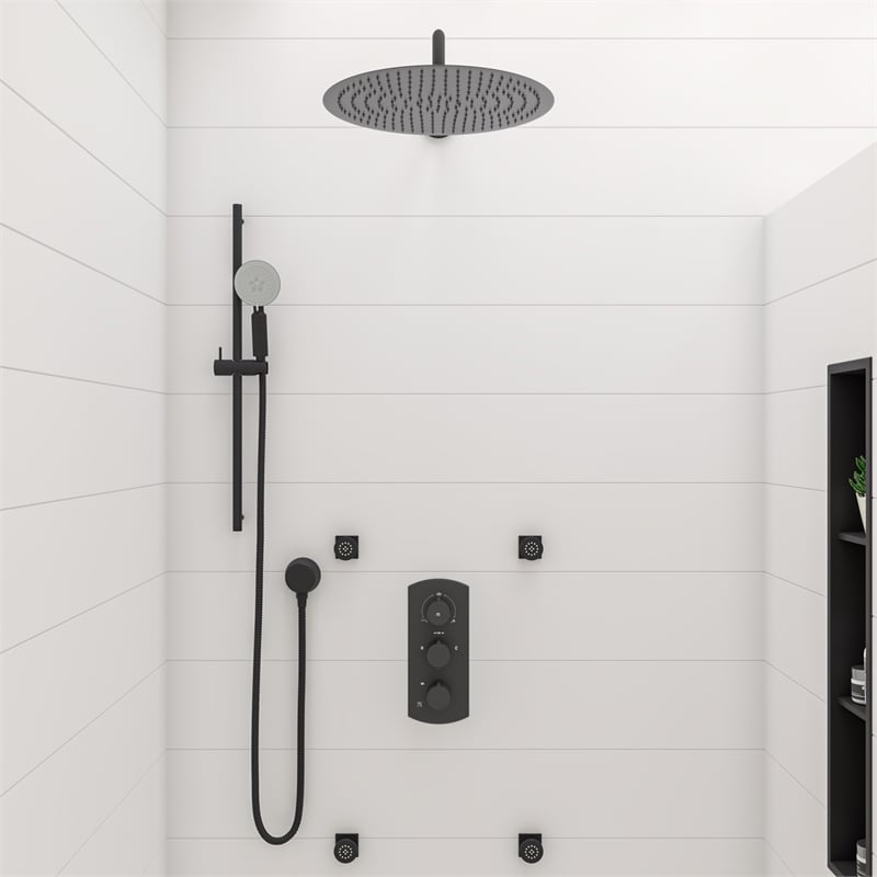 ALFI brand AB4001-BM Black 3-Way Thermostatic Valve Shower Mixer Round Knobs