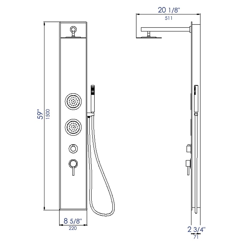 ALFI brand ABSP55B Black Shower Panel with 2 Body Sprays and Rain Shower Head