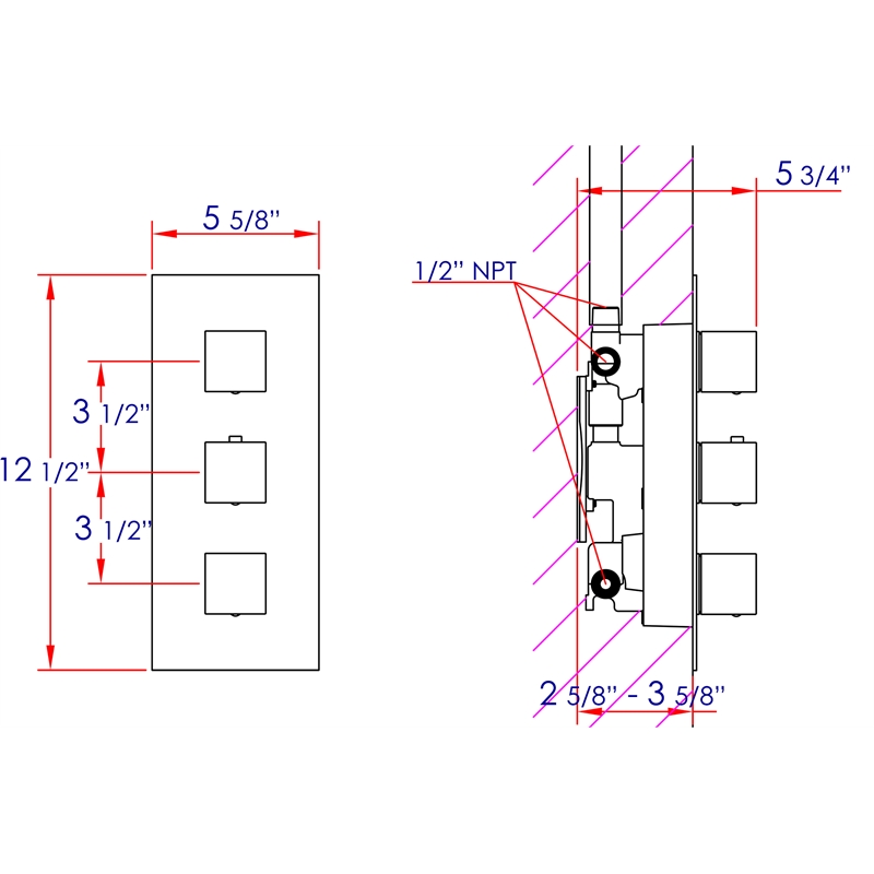 ALFI brand AB2901-PC 4-Way Thermostatic Valve Shower Mixer /w Square Knobs