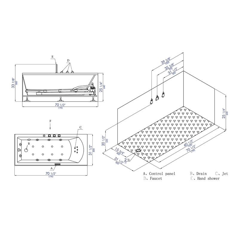 EAGO AM154ETL-L6 6 ft Acrylic White Rectangular Whirlpool Bathtub w Fixtures