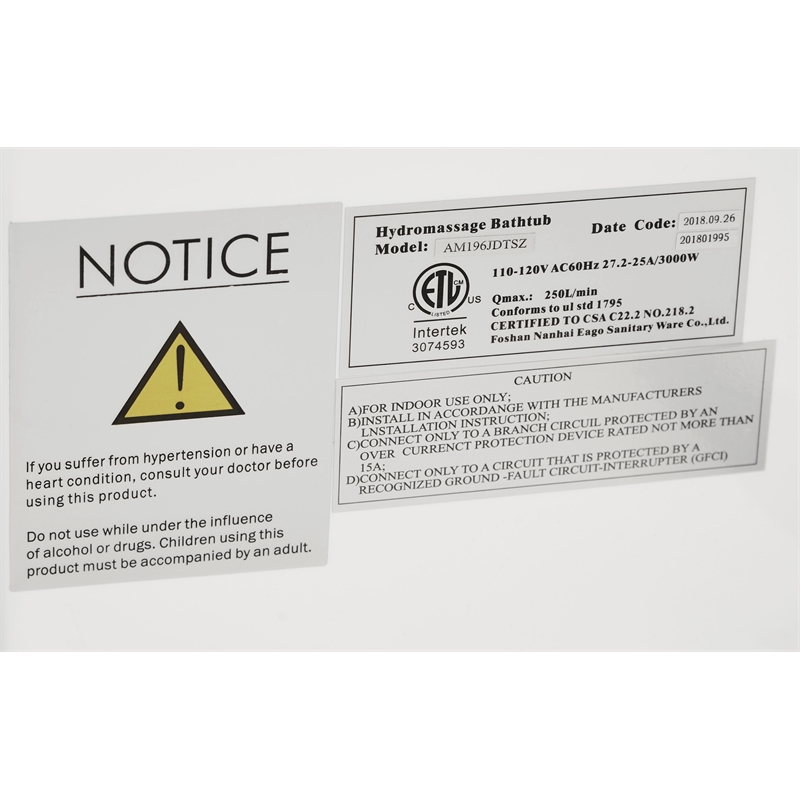 EAGO AM196ETL 6 ft Clear Rectangular White Acrylic Whirlpool Bathtub for Two