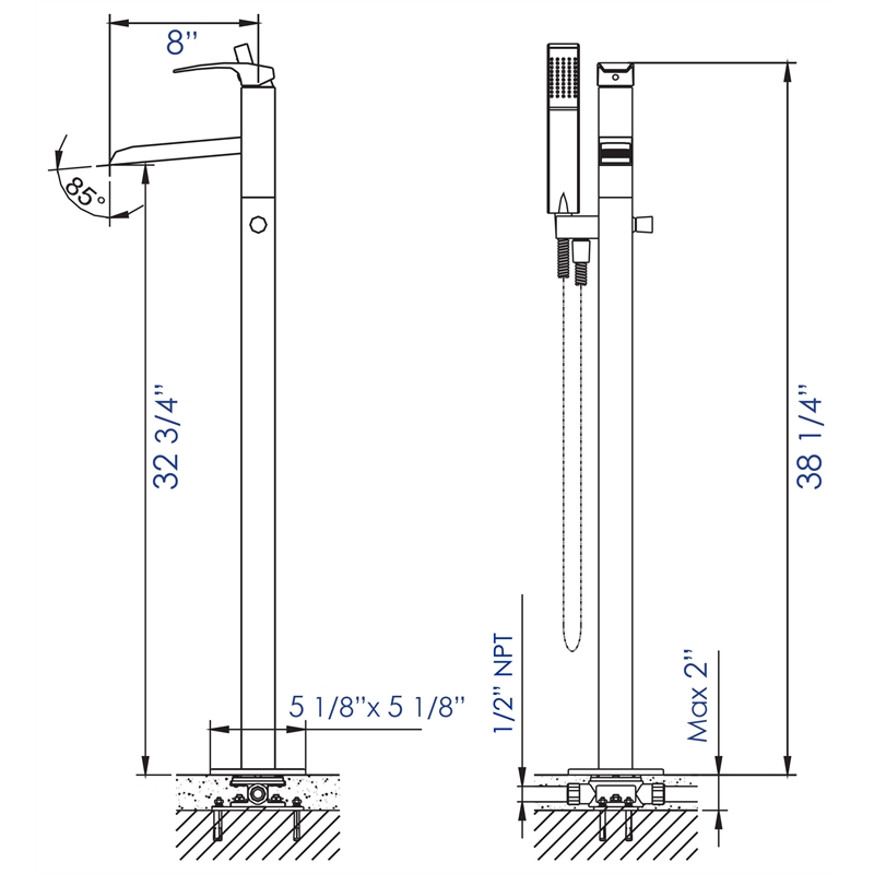 ALFI brand AB2843-PC Chrome Single Hole Floor Mounted Waterfall Tub Filler