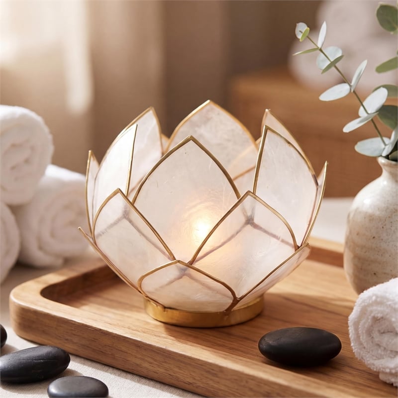 Brightspot Blooming Lotus Capiz Shell Tea Light Holder in Natural