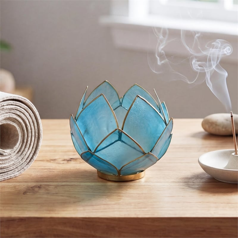 Brightspot Blooming Lotus Capiz Shell Tea Light Holder in Blue