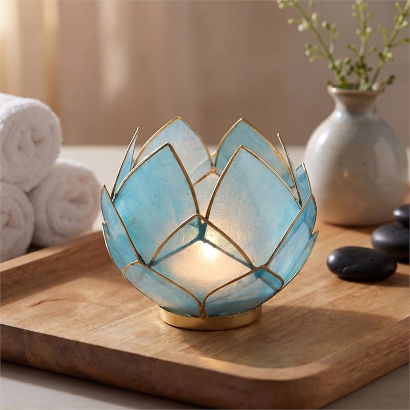 Brightspot Blooming Lotus Capiz Shell Tea Light Holder in Blue