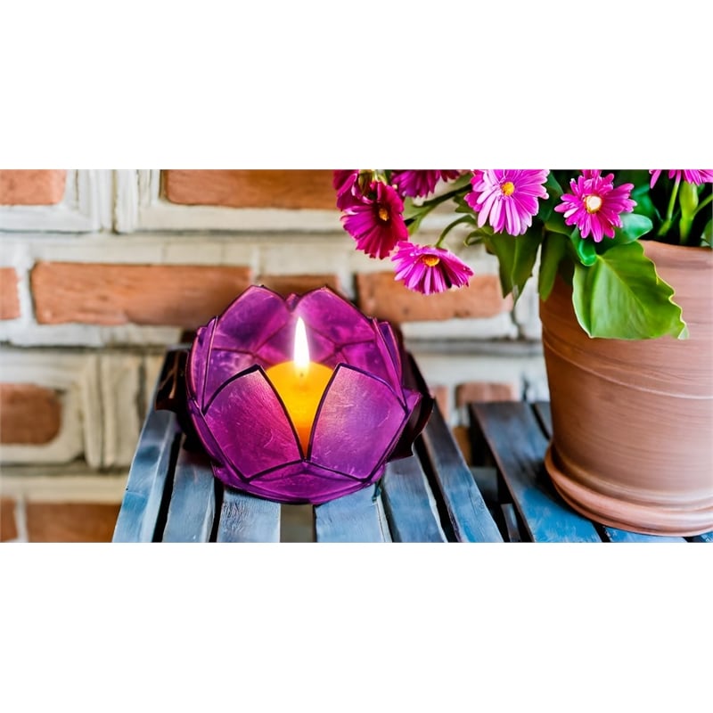 Brightspot Blooming Lotus Capiz Shell Tea Light Holder in Purple
