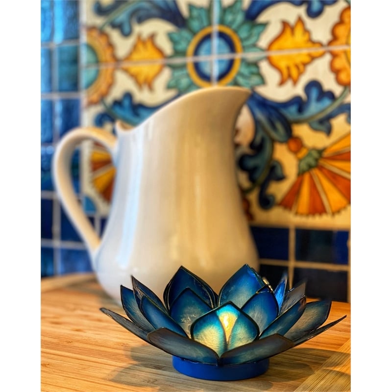 OM Gallery Capiz Shell Lotus Tea Light Holder in Blue