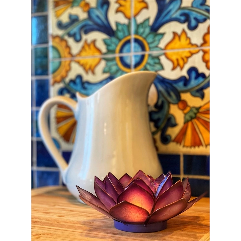 OM Gallery Capiz Shell Lotus Tea Light Holder in Purple