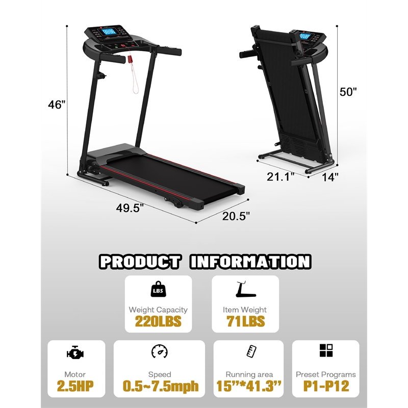 FYC Portable Electric 2.5HP Folding Treadmills w/ Bluetooth & Incline in Balck