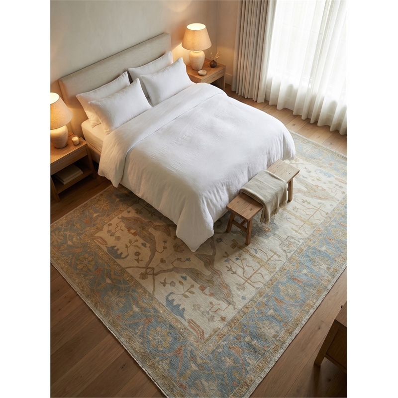 Antique Weave Oushak Hand-Knotted New Zealand Wool Ivory/Blue 9'x12' Area Rug