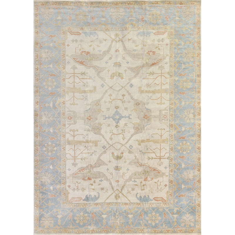 Antique Weave Oushak Hand-Knotted New Zealand Wool Ivory/Blue 9'x12' Area Rug