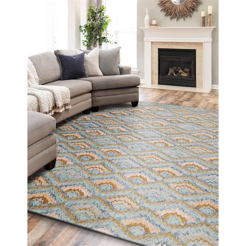 Bargello Hand-Tufted New Zealand Wool Light Blue/Multi 4'x6' Area Rug