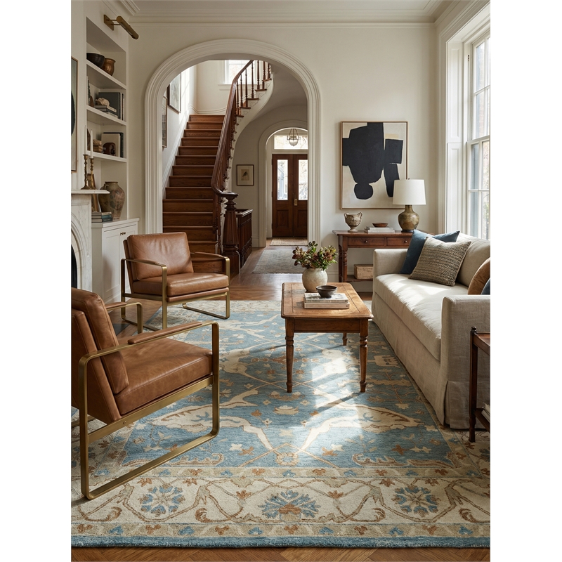 Claremont Oushak Hand-Tufted New Zealand Wool Ivory/Light Blue 6'x9' Area Rug