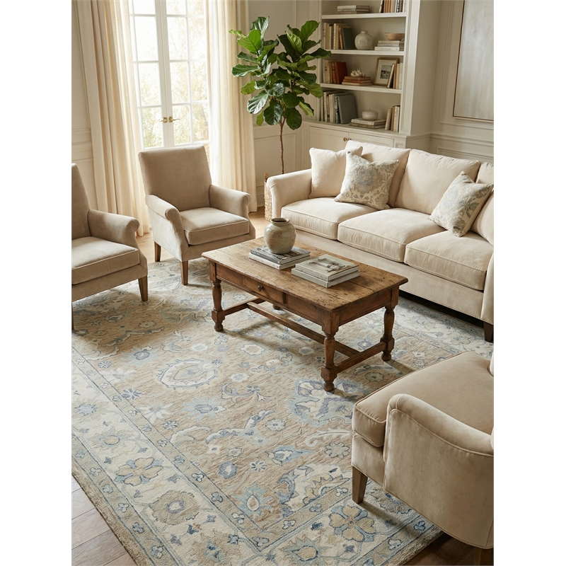 Claremont Oushak Hand-Tufted New Zealand Wool Light Brown/Ivory 6'x9' Area Rug