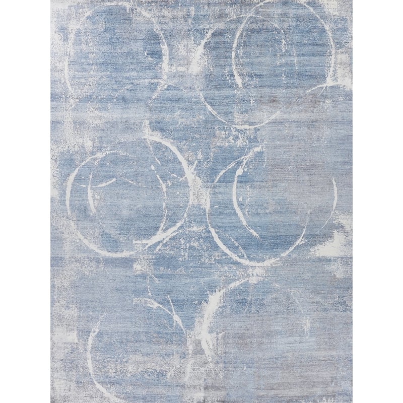 Fine Pure Silk Hand-Knotted Silk Blue/Gray/Ivory 10'x14' Area Rug