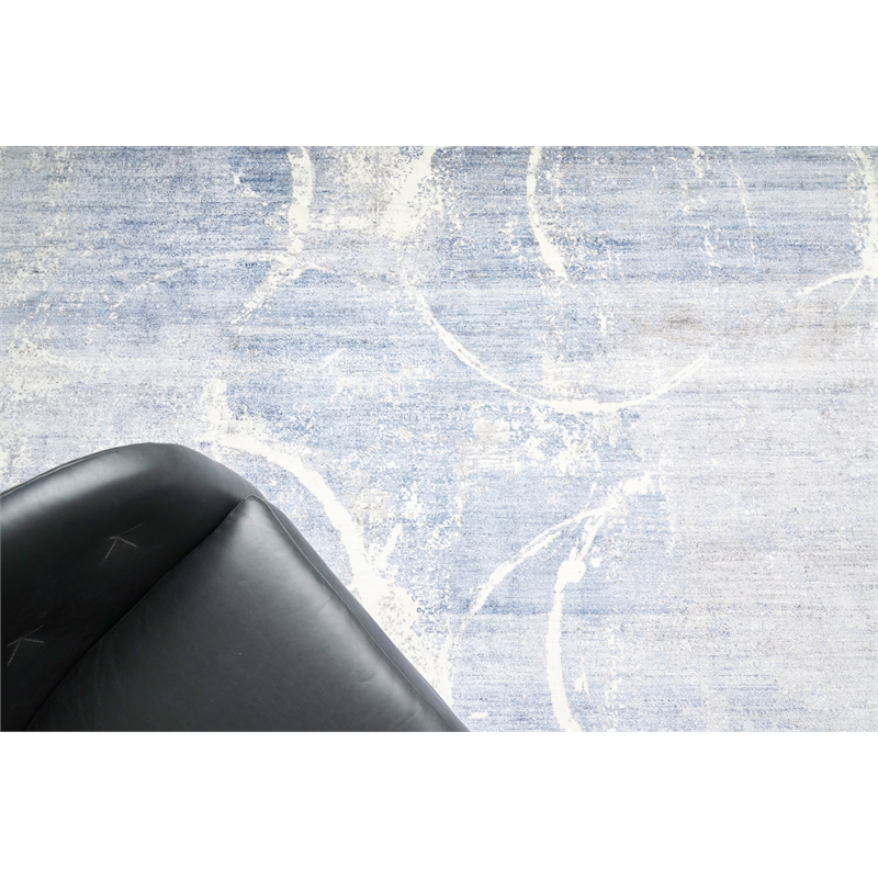 Fine Pure Silk Hand-Knotted Silk Blue/Gray/Ivory 6'x9' Area Rug