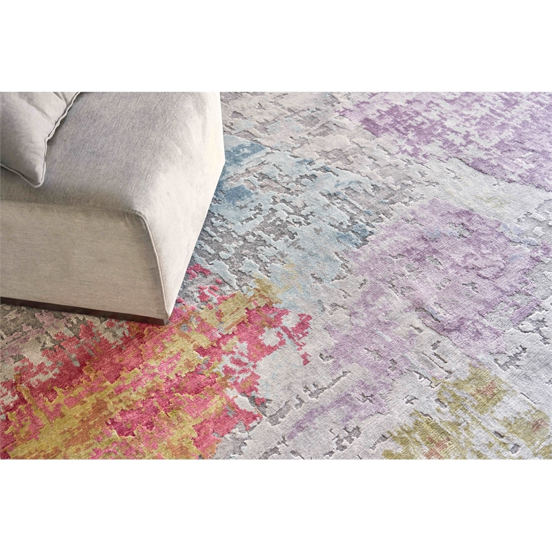 Floor Art Hand-Knotted Bamboo Silk Ivory/Blue/Gold/Lavender 10'x14' Area Rug