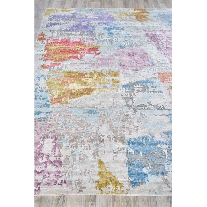 Floor Art Hand-Knotted Bamboo Silk Ivory/Blue/Gold/Lavender 6'x9' Area Rug