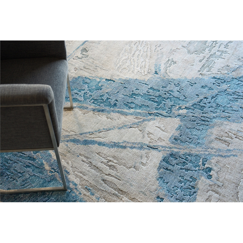Floor Art Hand-Knotted Bamboo Silk Ivory/Light Blue 10'x14' Area Rug