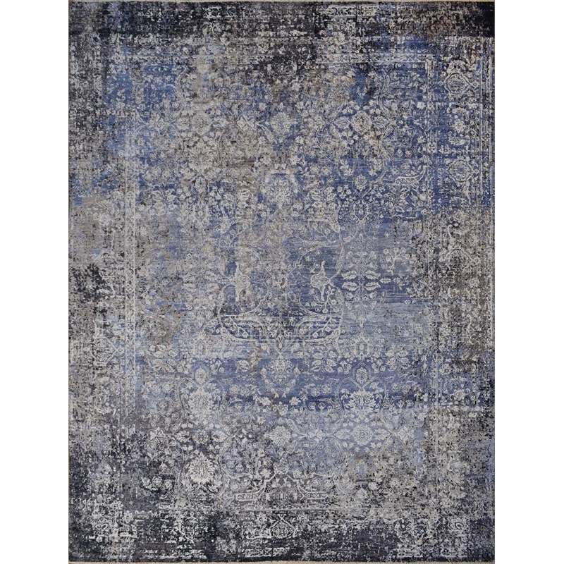 Fine Pure Silk Hand-Knotted Silk Gray/Blue 8'x10' Area Rug