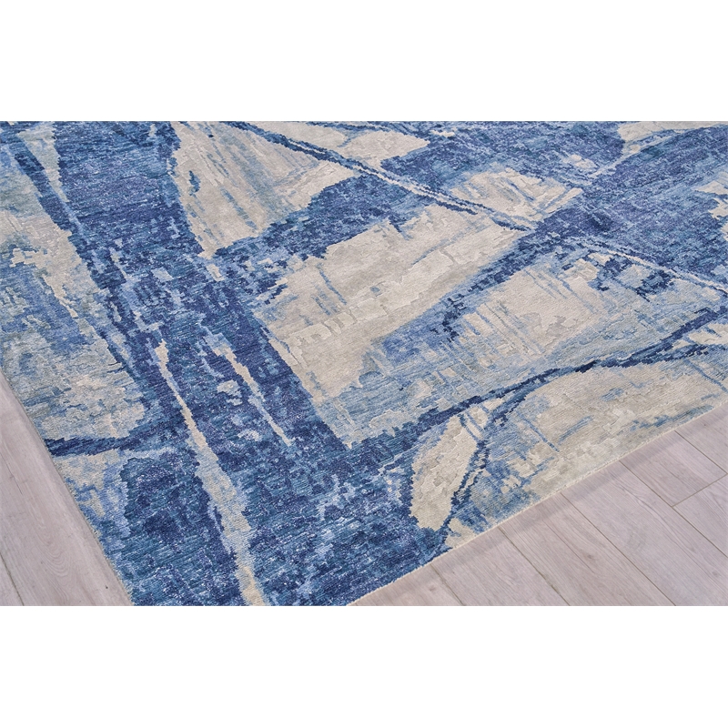 Floor Art Hand-Knotted Bamboo Silk Ivory/Dark Blue 6'x9' Area Rug