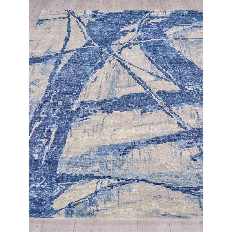 Floor Art Hand-Knotted Bamboo Silk Ivory/Dark Blue 6'x9' Area Rug