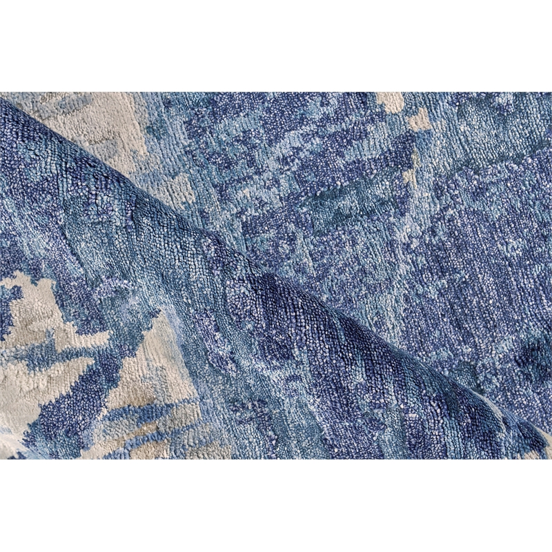 Floor Art Hand-Knotted Bamboo Silk Ivory/Dark Blue 6'x9' Area Rug