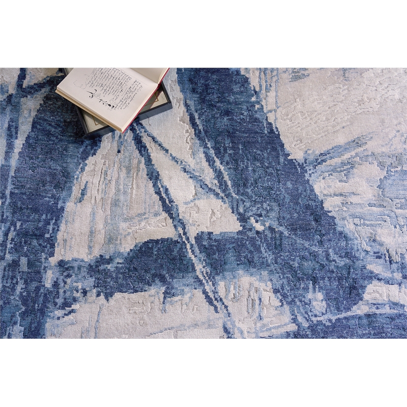 Floor Art Hand-Knotted Bamboo Silk Ivory/Dark Blue 8'x10' Area Rug
