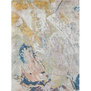 Floor Art Hand-Knotted Bamboo Silk Ivory/Gold/Blue 10'x14' Area Rug