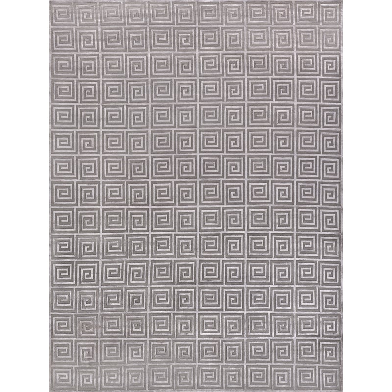 Greek Key Hand-Knotted Wool/Viscose Silver 8'x10' Area Rug