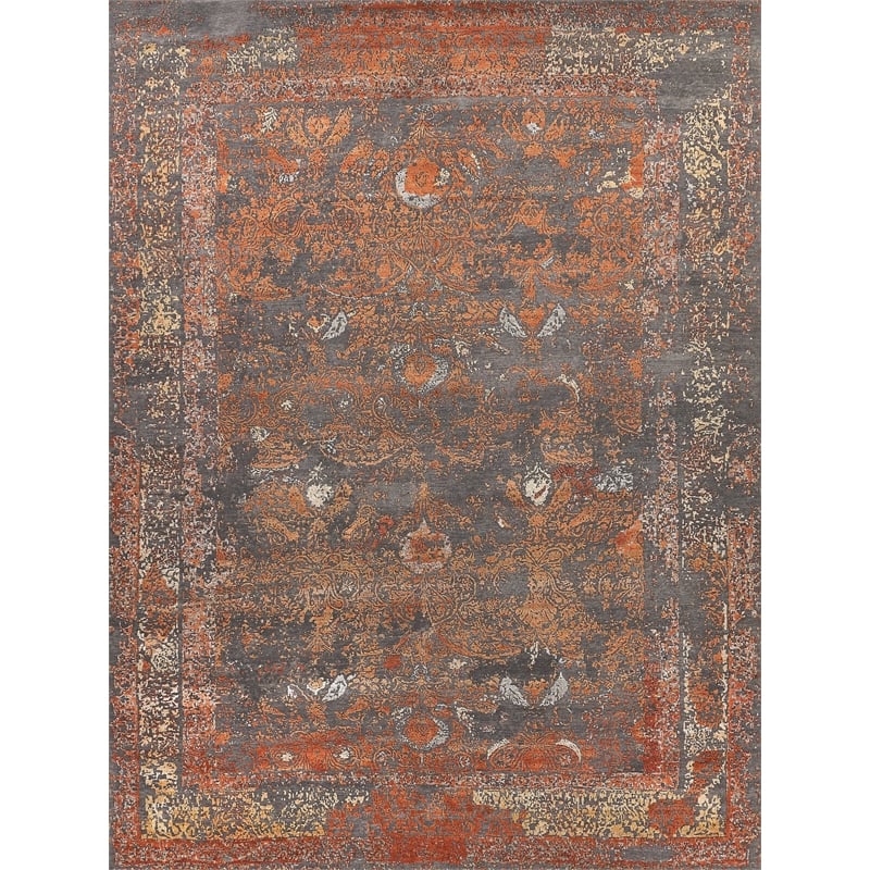 Maison Hand-Knotted Wool/Bamboo Silk Gray/Red/Orange 9'x12' Area Rug