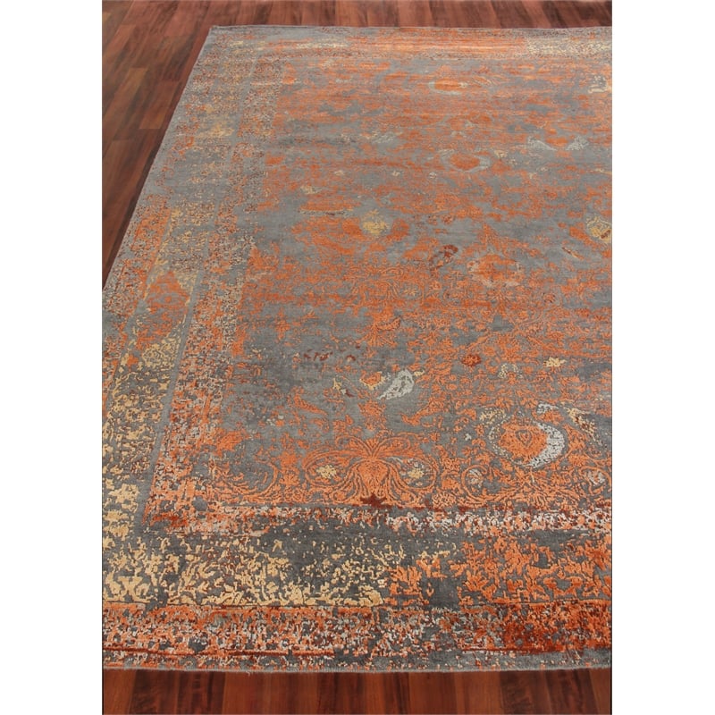 Maison Hand-Knotted Wool/Bamboo Silk Gray/Red/Orange 14'x18' Area Rug
