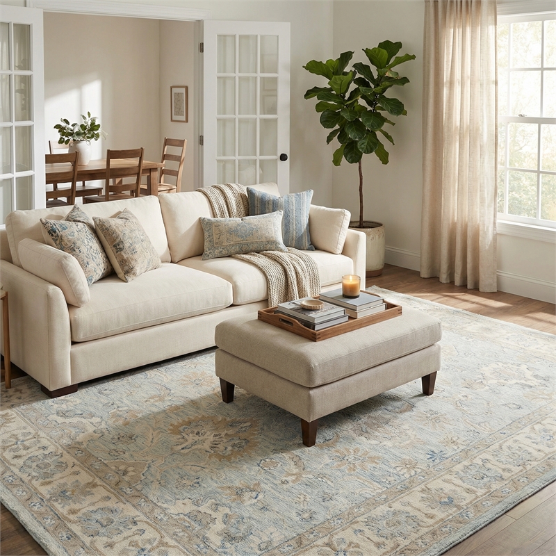 Marietta Oushak Hand-Tufted New Zealand Wool Light Blue/Ivory 6'x9' Area Rug