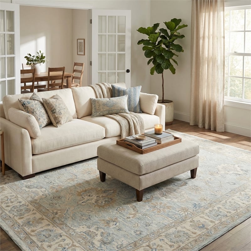 Marietta Oushak Hand-Tufted New Zealand Wool Light Blue/Ivory 9'x12' Area Rug