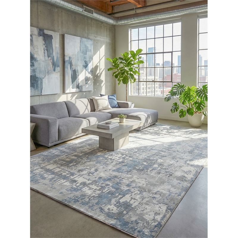 Murano Handloomed Wool/Bamboo Silk Silver/Blue 5'x8' Area Rug