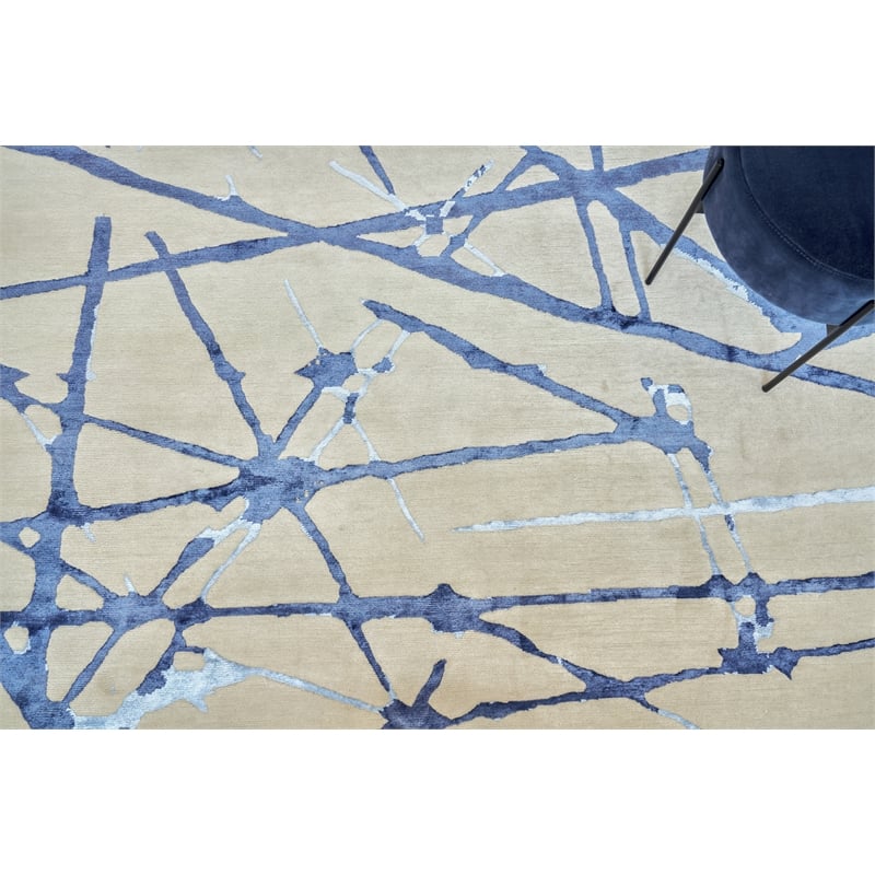 Space Age Hand-Knotted Wool/Bamboo Silk Gray/Royal Blue/Navy 10'x14' Area Rug