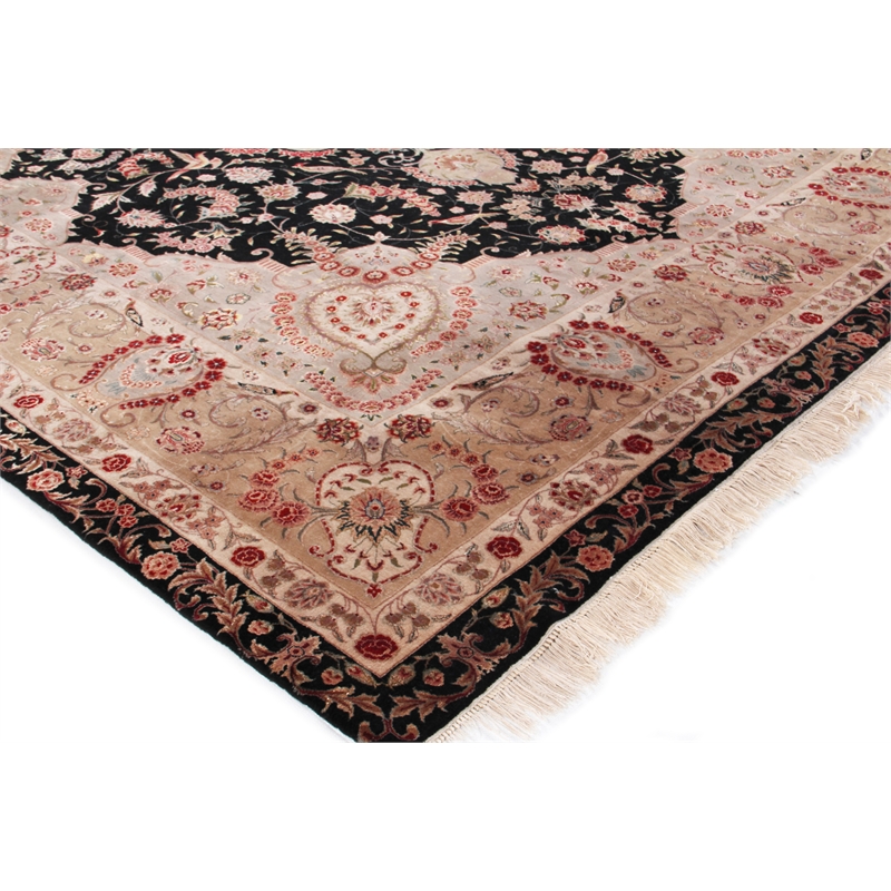Super Fine Tabriz Hand-Knotted New Zealand Wool Black/Ivory 10'x14' Area Rug