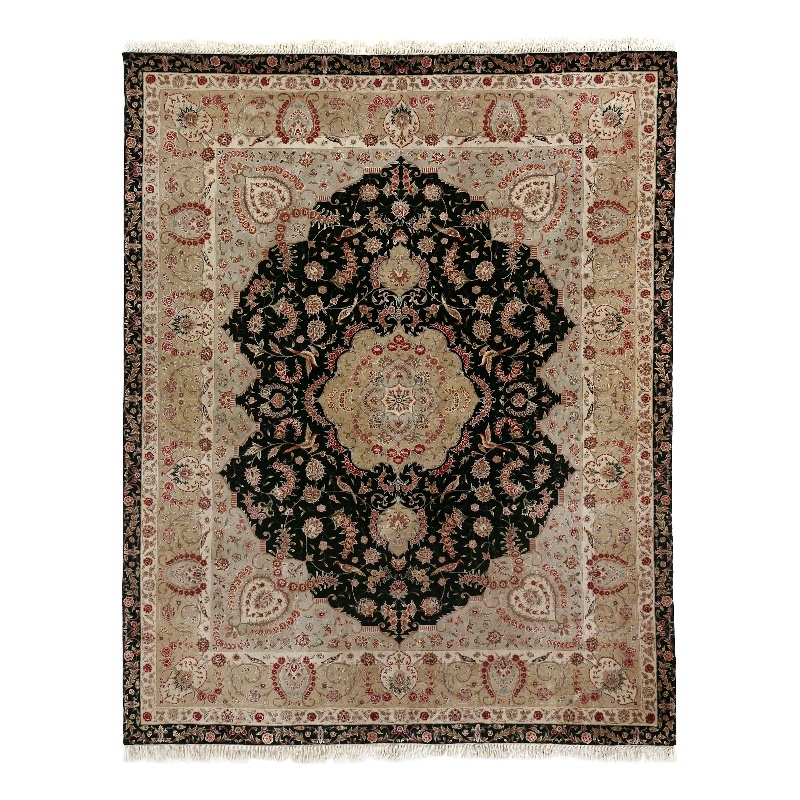 Super Fine Tabriz Hand-Knotted New Zealand Wool Black/Ivory 10'x14' Area Rug