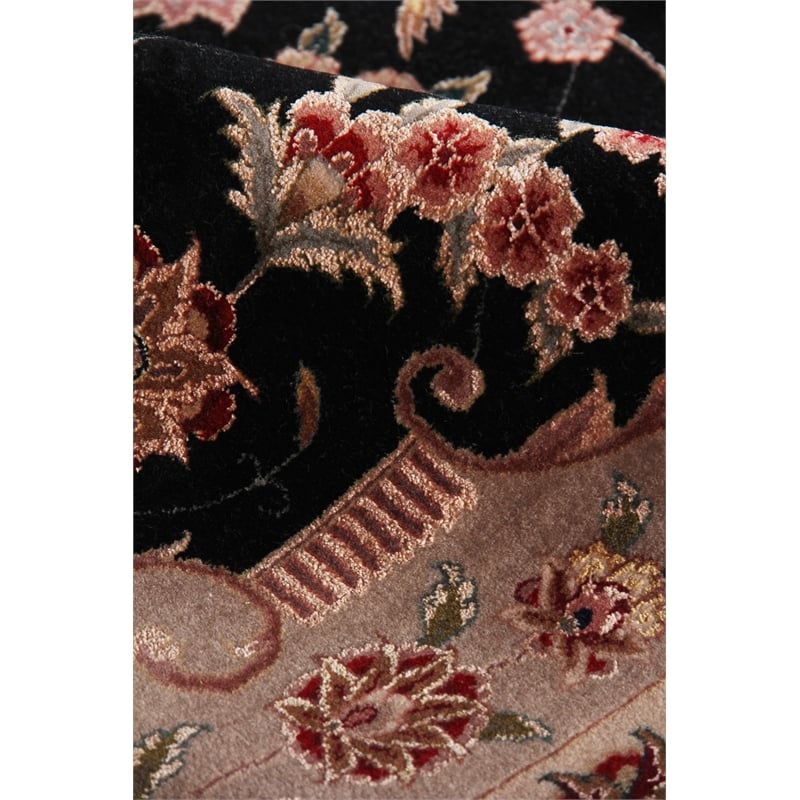 Super Fine Tabriz Hand-Knotted New Zealand Wool Black/Ivory 9'x12' Area Rug