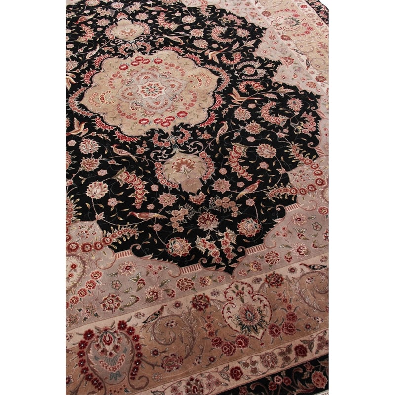 Super Fine Tabriz Hand-Knotted New Zealand Wool Black/Ivory 9'x12' Area Rug