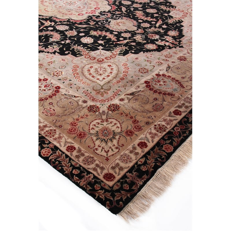 Super Fine Tabriz Hand-Knotted New Zealand Wool Black/Ivory 9'x12' Area Rug