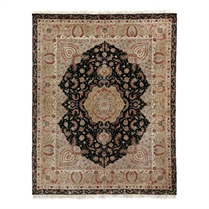 Super Fine Tabriz Hand-Knotted New Zealand Wool Black/Ivory 9'x12' Area Rug