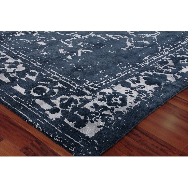 Terras Hand-Knotted Wool/Bamboo Silk Navy/Silver 6'x9' Area Rug