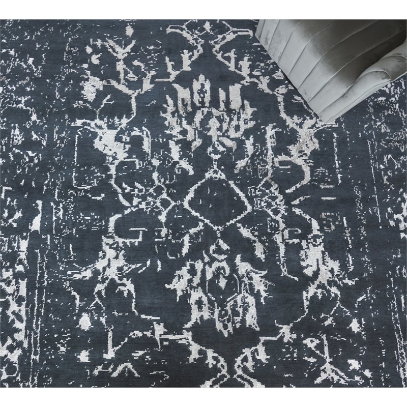 Terras Hand-Knotted Wool/Bamboo Silk Navy/Silver 6'x9' Area Rug