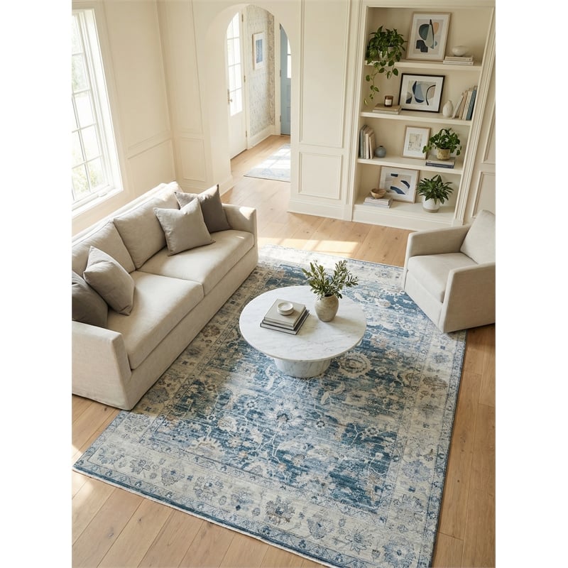 Vintage Looms Power Loom Polyester Blue/Beige 6'x9' Area Rug