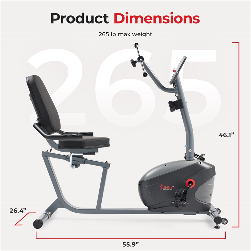 Sunny Health & Fitness Smart Mag Recumb Bike w/ Hand Cycle in Gray