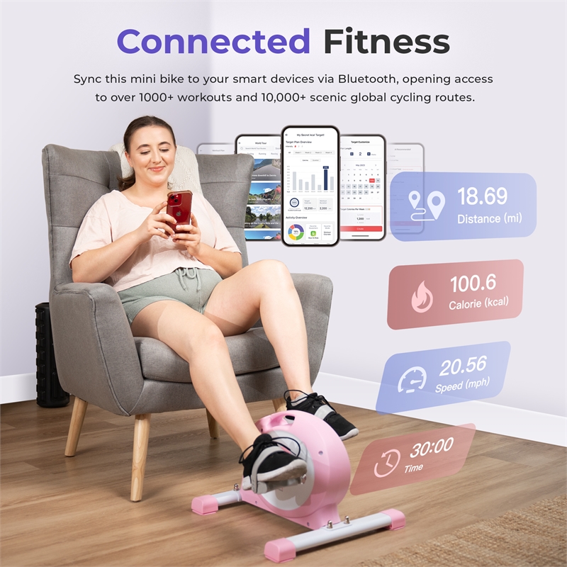 Sunny Health & Fitness Under Desk Smart Mini Bike in Pink