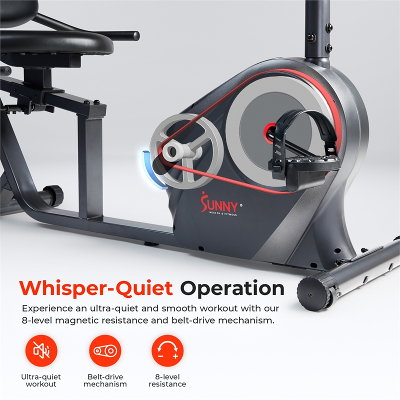 Sunny Health & Fitness Smart Recumb Bike w/ Adj Seat in Gray