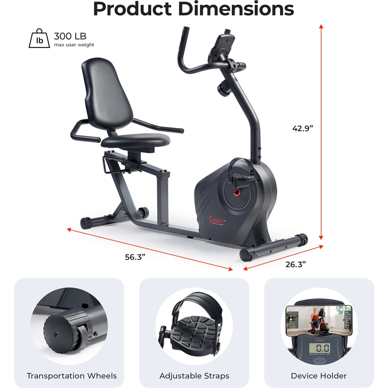 Sunny Health & Fitness Smart Recumb Bike w/ Adj Seat in Gray