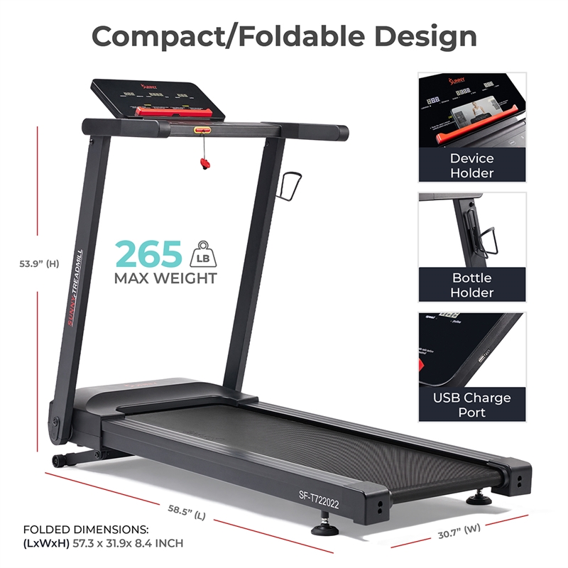 Sunny Health & Fitness Interactive Slim Auto Incline Treadmill w/Bluetooth-Black
